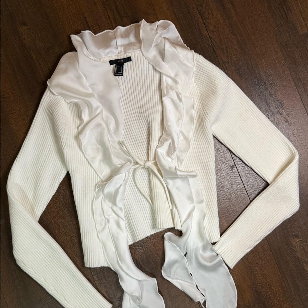 Forever21 White Ruffled Long Sleeve Cardigan